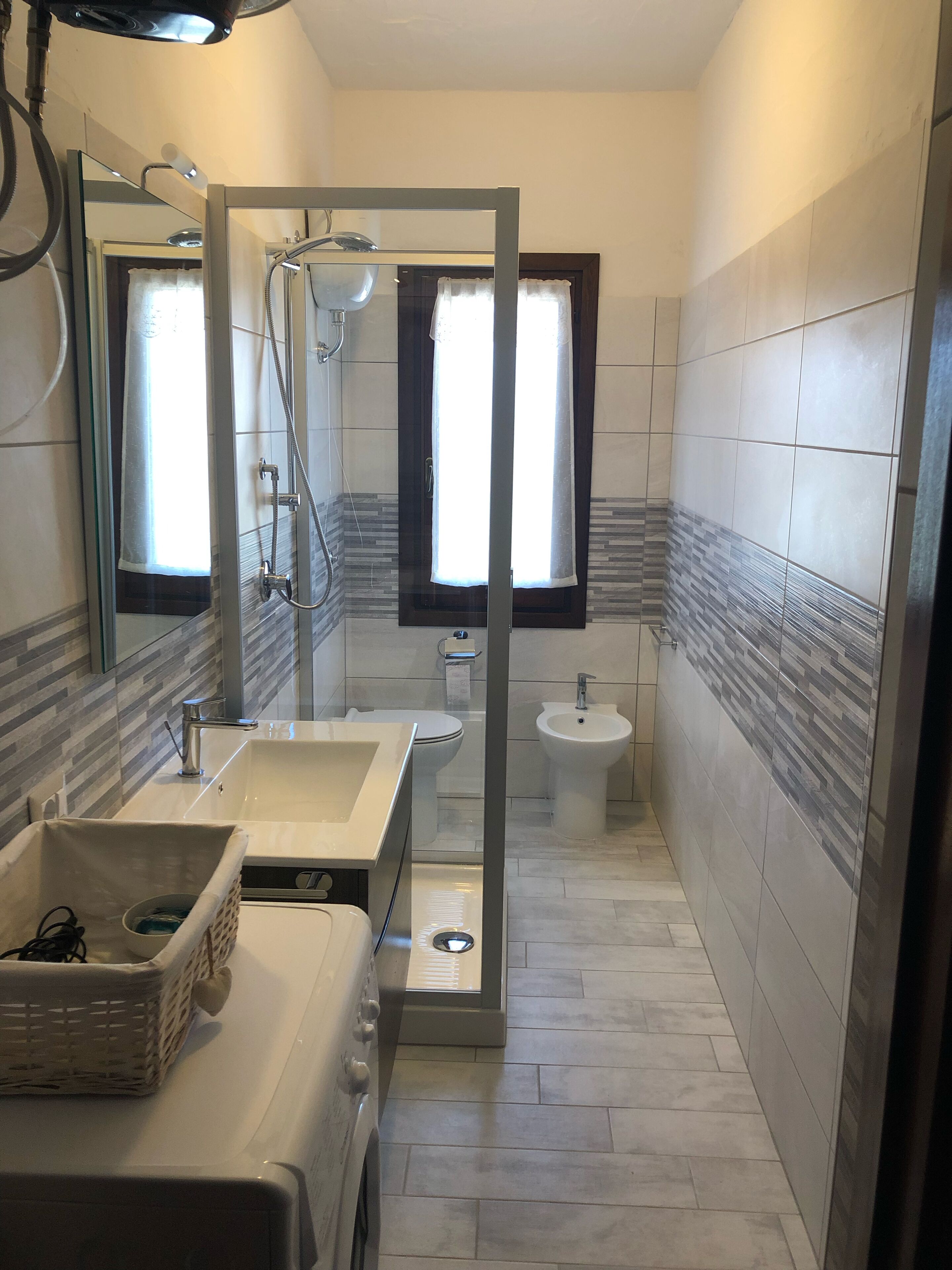 Shower, hair dryer, bidet, towels