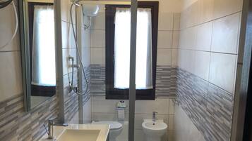 Shower, hair dryer, bidet, towels