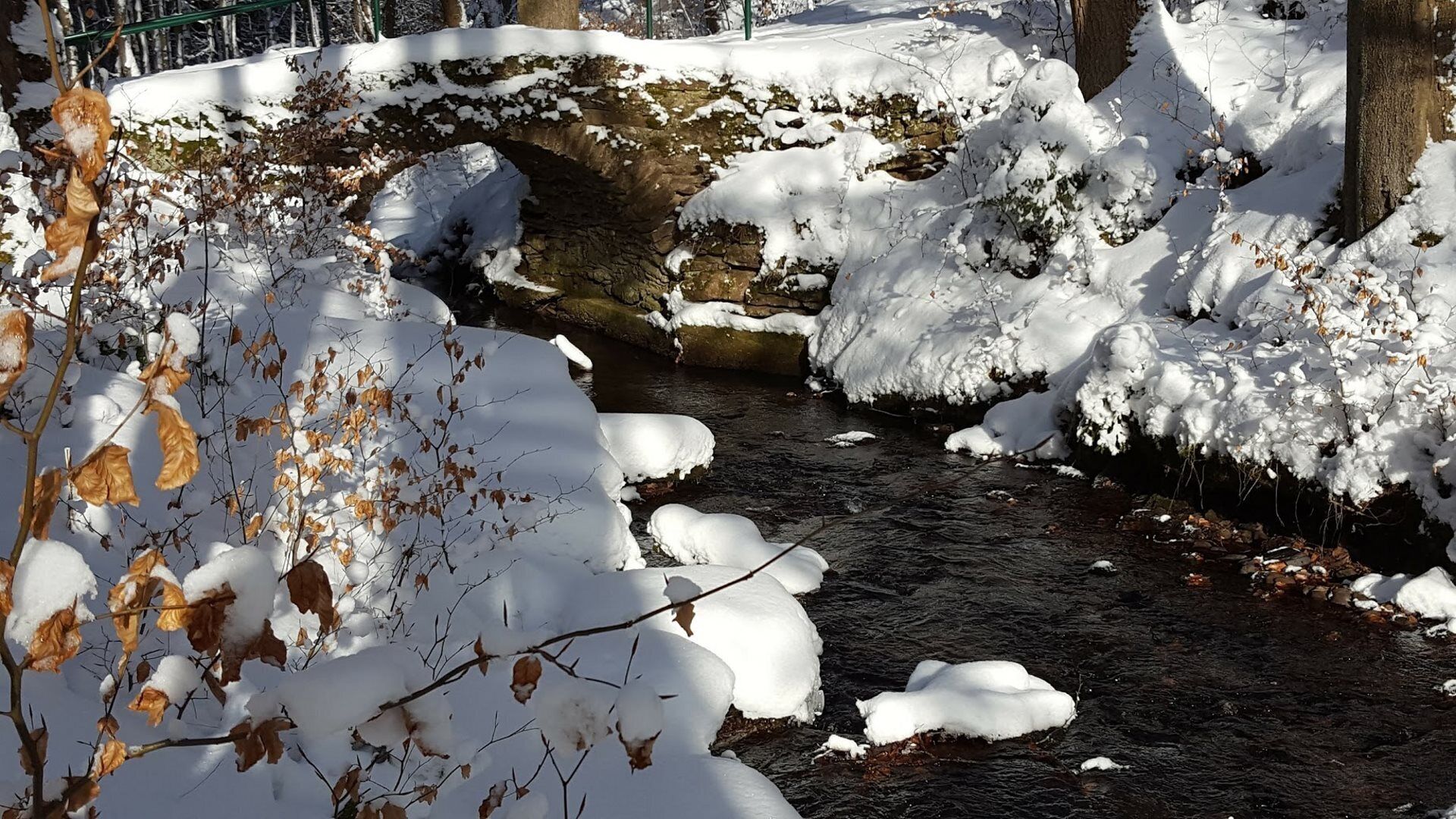 A stone bridge over a snow-covered stream in a park.