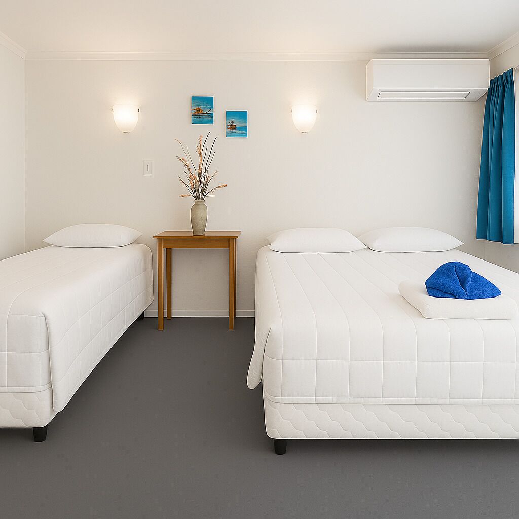 A hotel room with two single beds, a small wooden table with a vase, wall-mounted air conditioning, and two wall-mounted light fixtures.