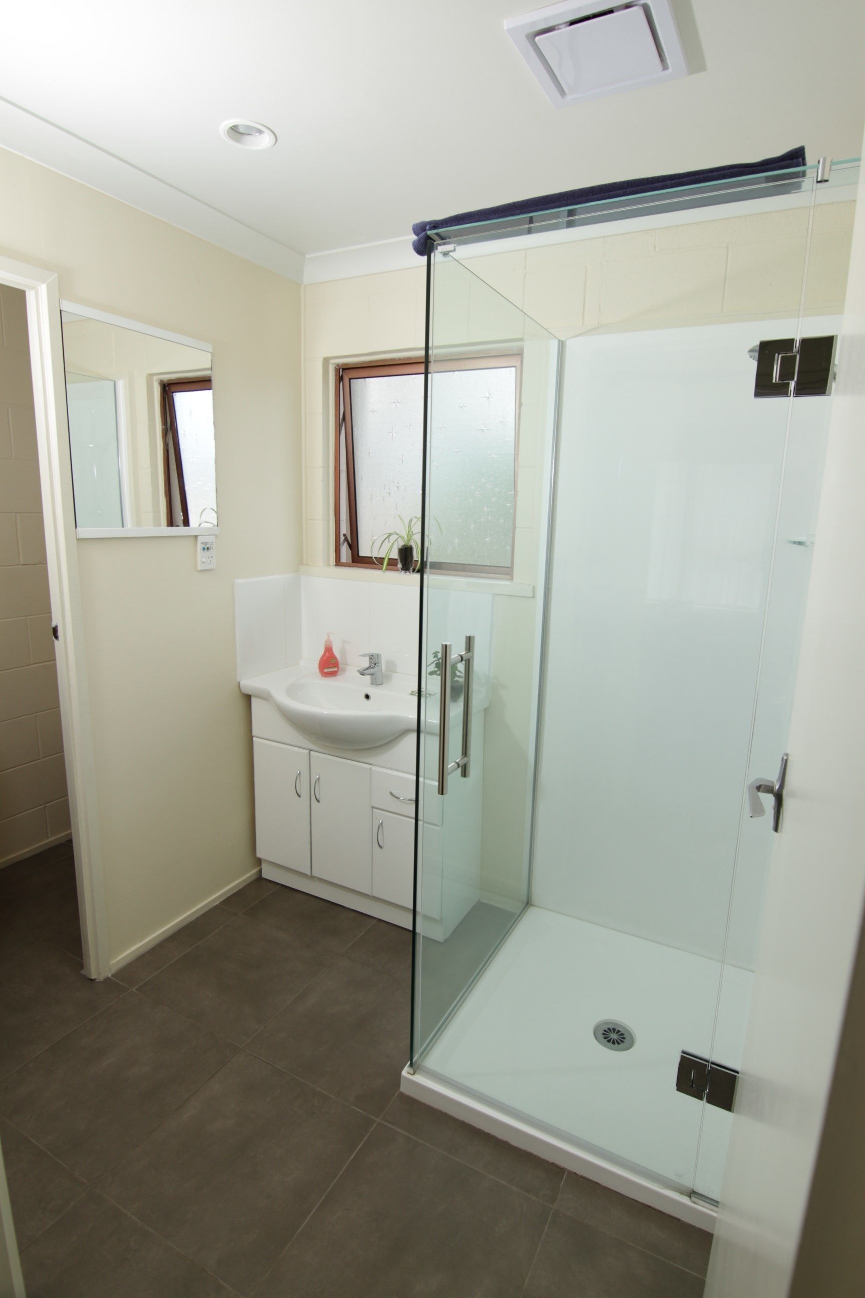 Un bagno con doccia vetrata, lavabo con specchio sopra e mobile sottostante.