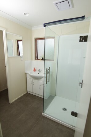 Shower, free toiletries, hair dryer, towels