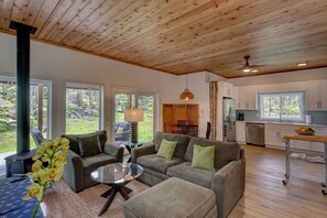 Smart TV, fireplace, books