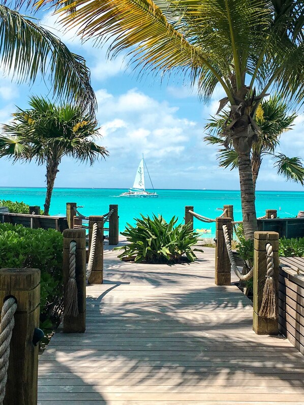 On the beach, beach towels - Spectacular 3 BR Beach Front End Unit-BREATHTAKING Views of the ocean and beach. (Grace Bay)