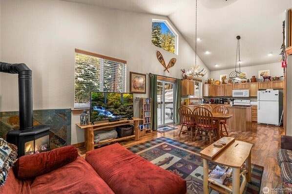 Smart TV, fireplace, DVD player, books