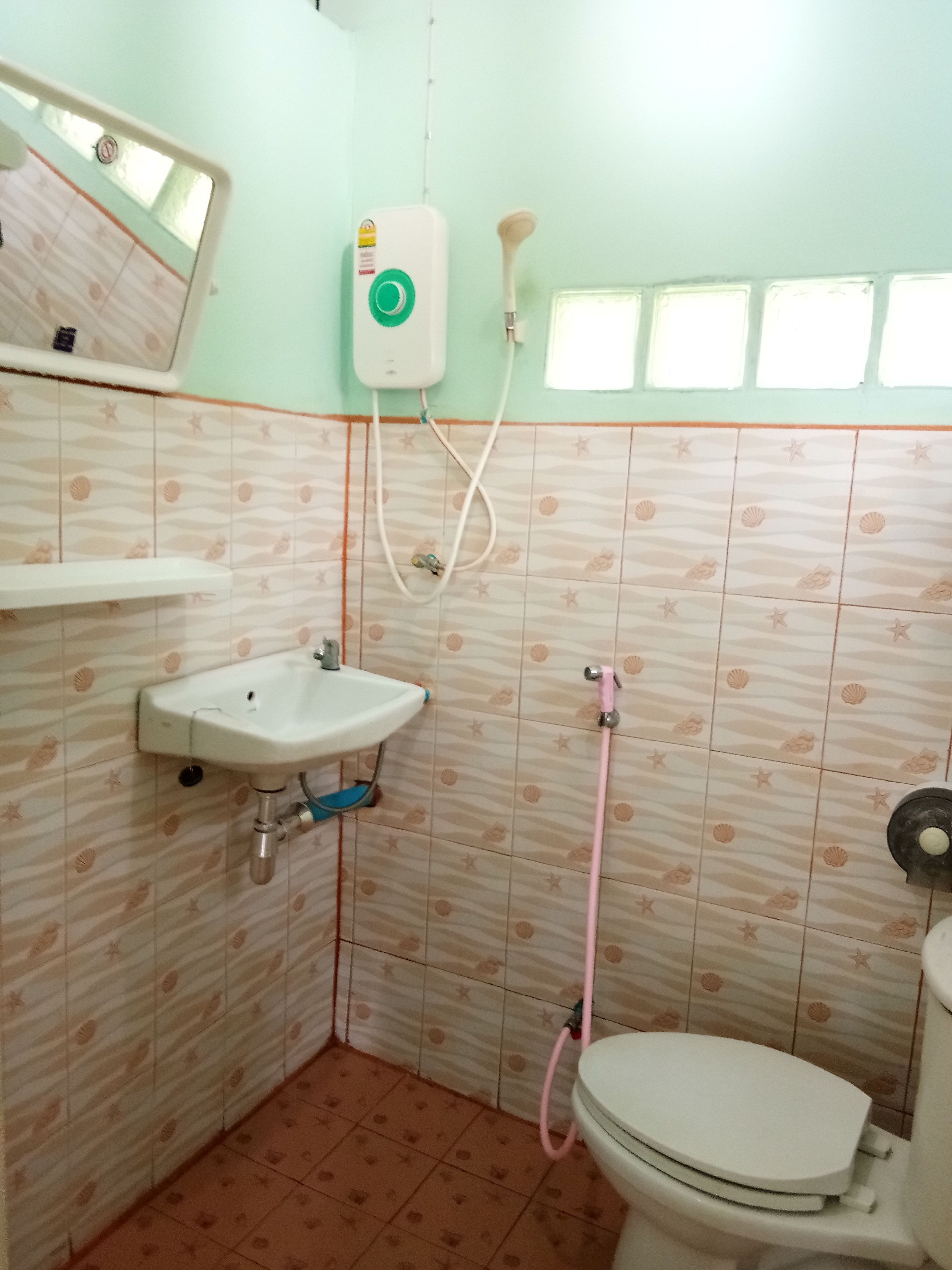 Un baño con lavamanos, inodoro y ducha.