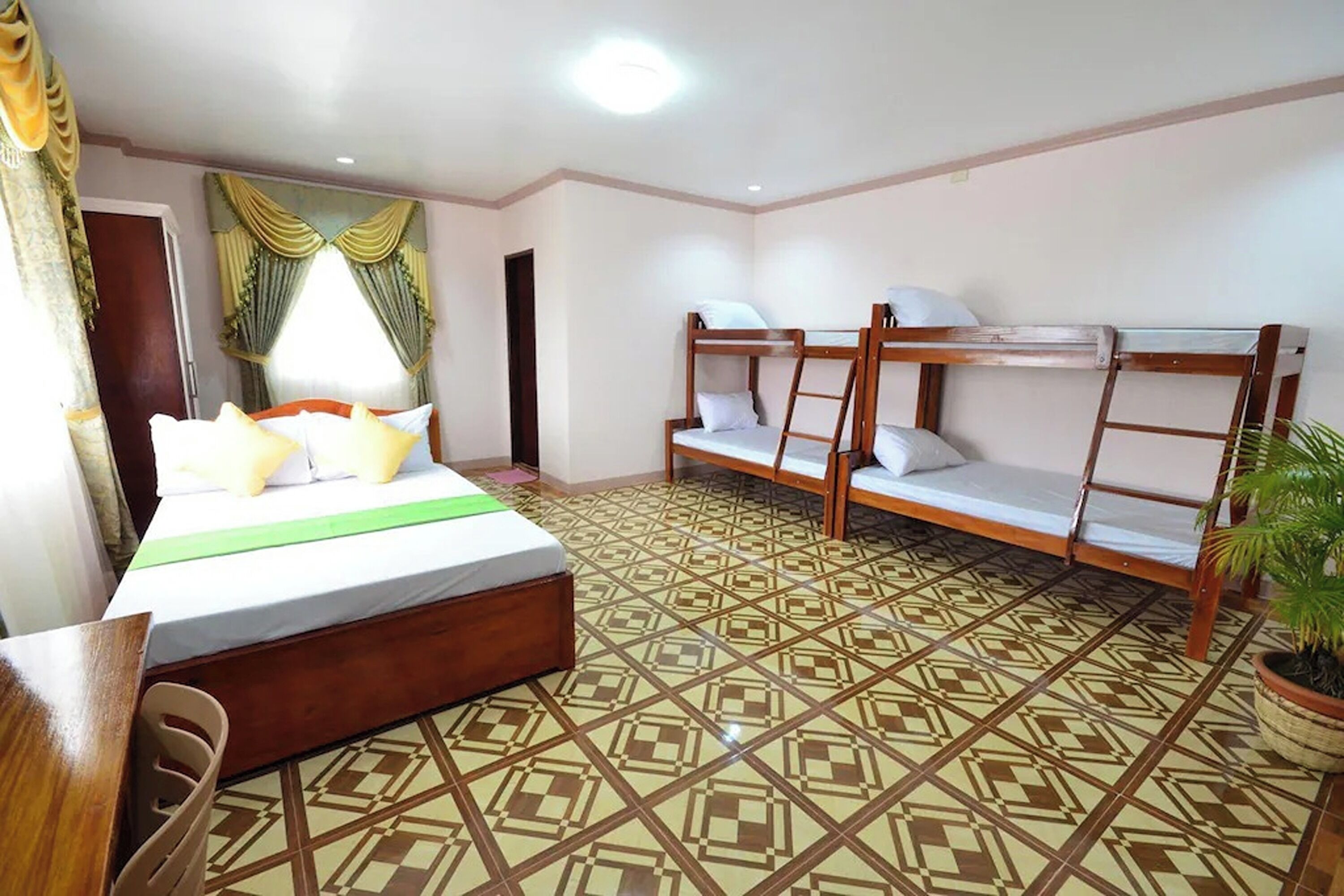 A room with a bed, bunk beds, a desk, and a potted plant.