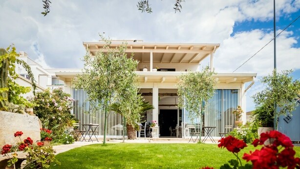 Una casa moderna con patio coperto, prato e piante in vaso.