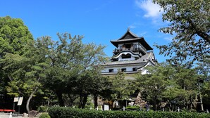 Um castelo japonês tradicional com vários níveis, rodeado por vegetação exuberante e árvores.