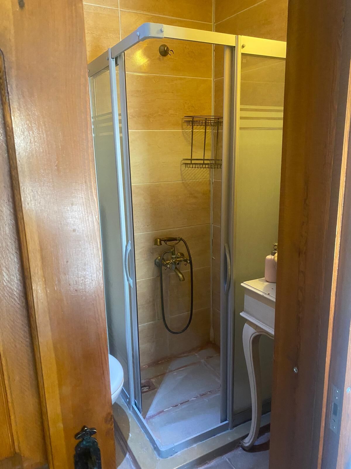 A glass-enclosed shower with a handheld showerhead, a white pedestal sink, and a small shelf with toiletries.