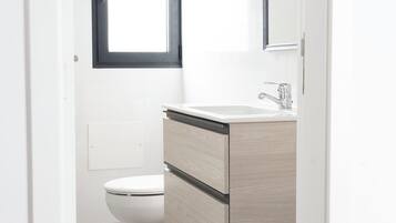 A modern bathroom with a toilet, a sink, and a mirror.