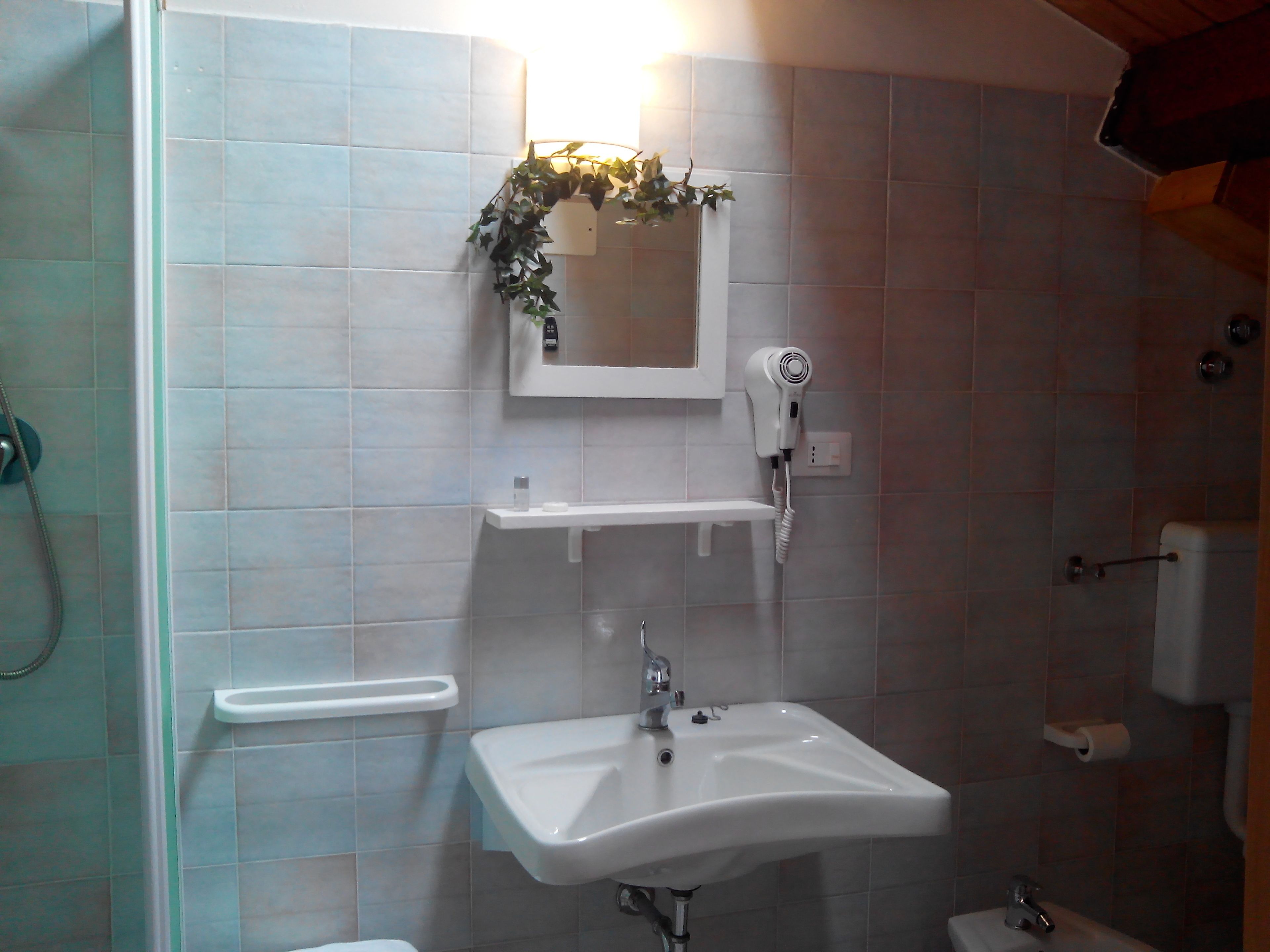 A bathroom with a sink, mirror, and hairdryer.