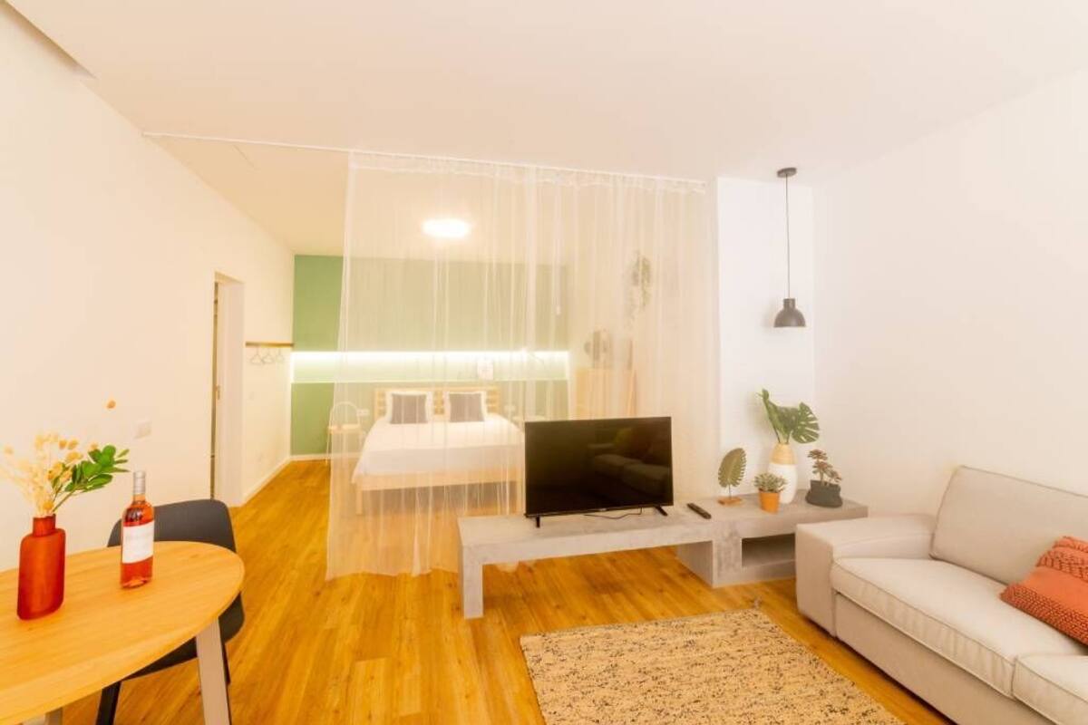 Un salon moderne avec un téléviseur, un canapé, une table à manger et une vue dégagée à travers un rideau léger.