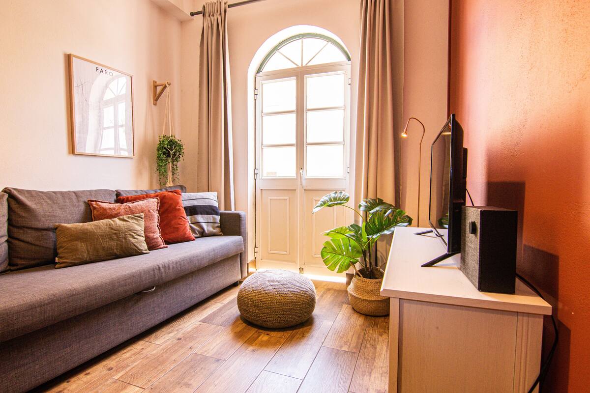 Un salon confortable avec un canapé, un pouf, des plantes en pot et un téléviseur posé sur un meuble.