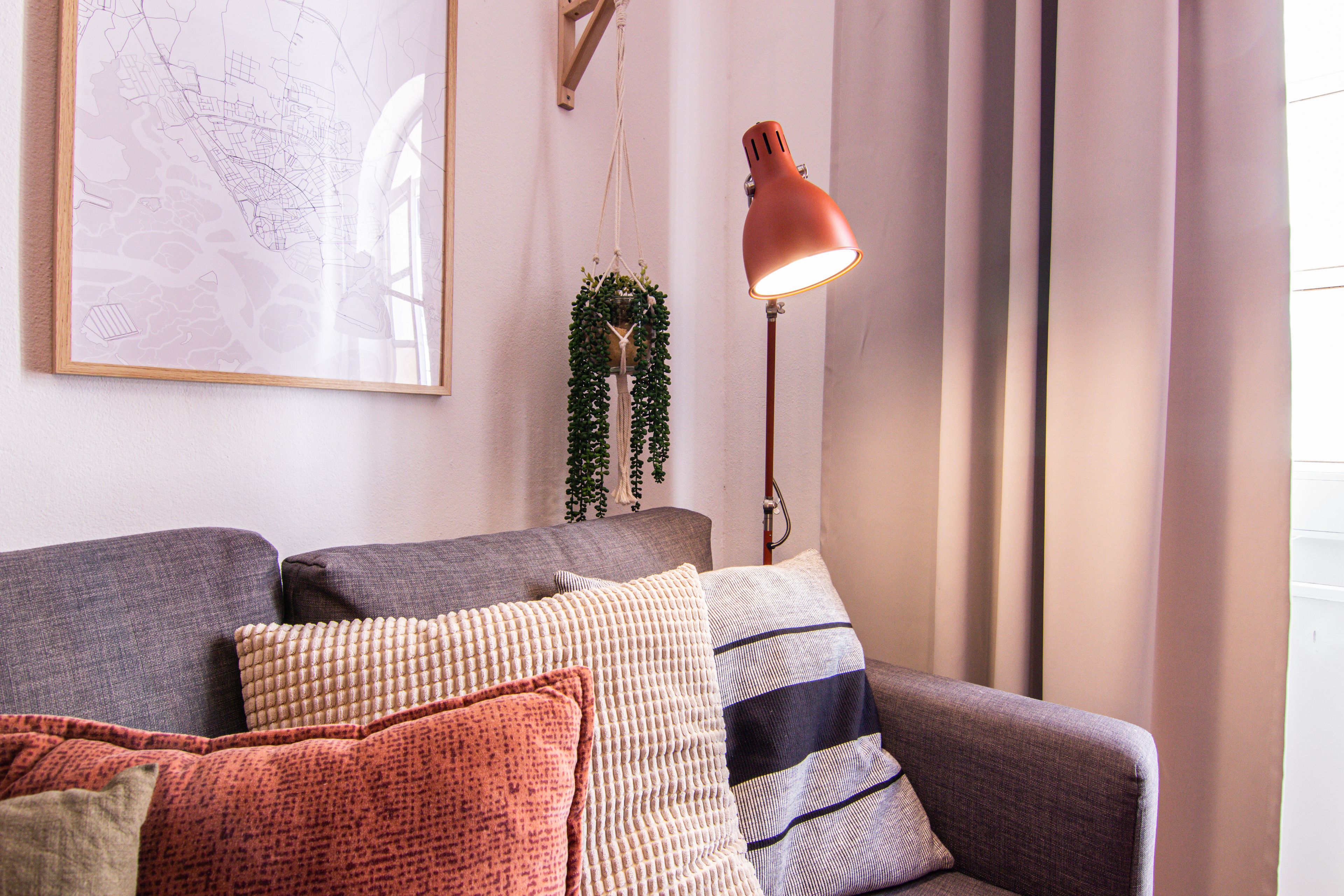 Ein Wohnzimmer mit grauem Sofa, mehreren Kissen, einer hängenden Pflanze und einer Stehlampe.