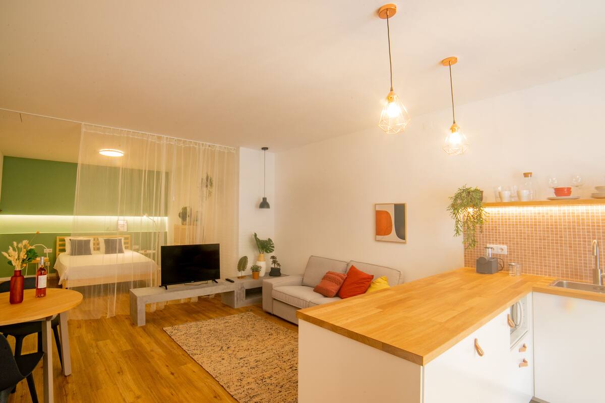 Un salon moderne avec un canapé, une table basse et un téléviseur. Il y a également un coin cuisine avec un plan de travail en bois et un évier.