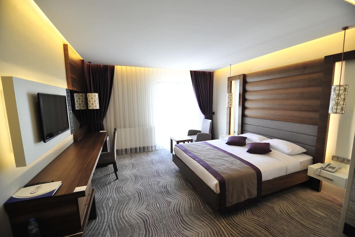 A hotel room with a bed, bedside table, desk, chair, and a TV mounted on the wall.