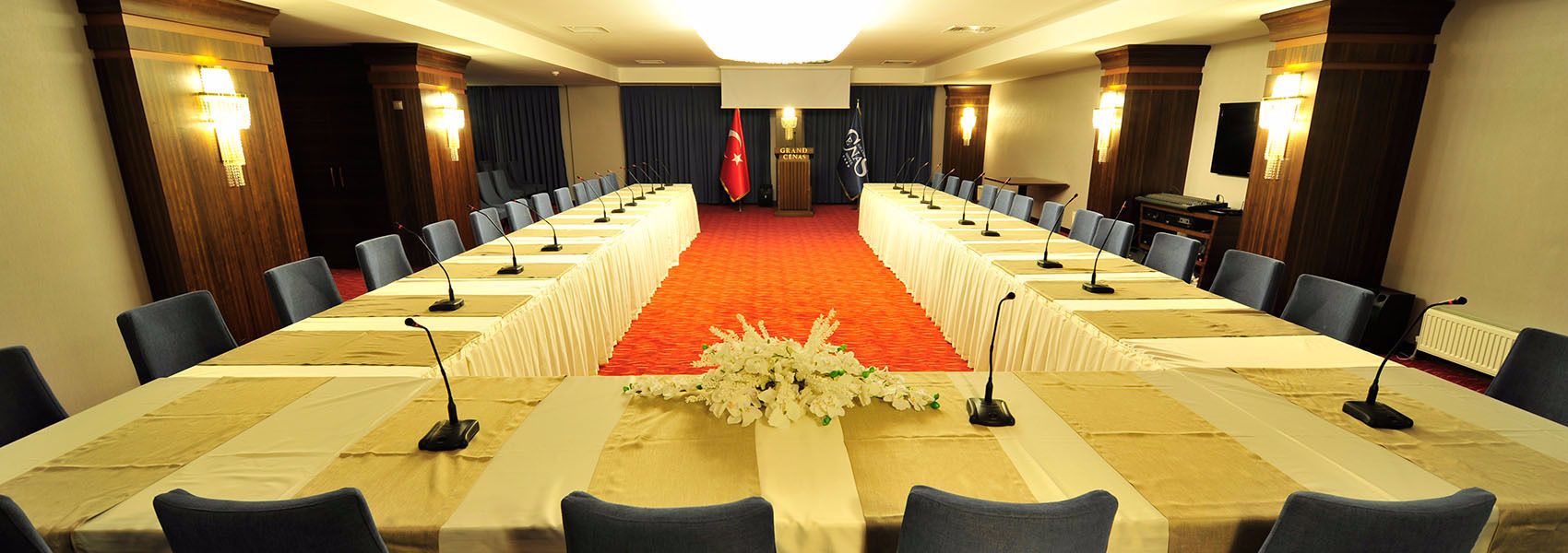 A conference room with a long table, chairs, microphones, and a red carpet.