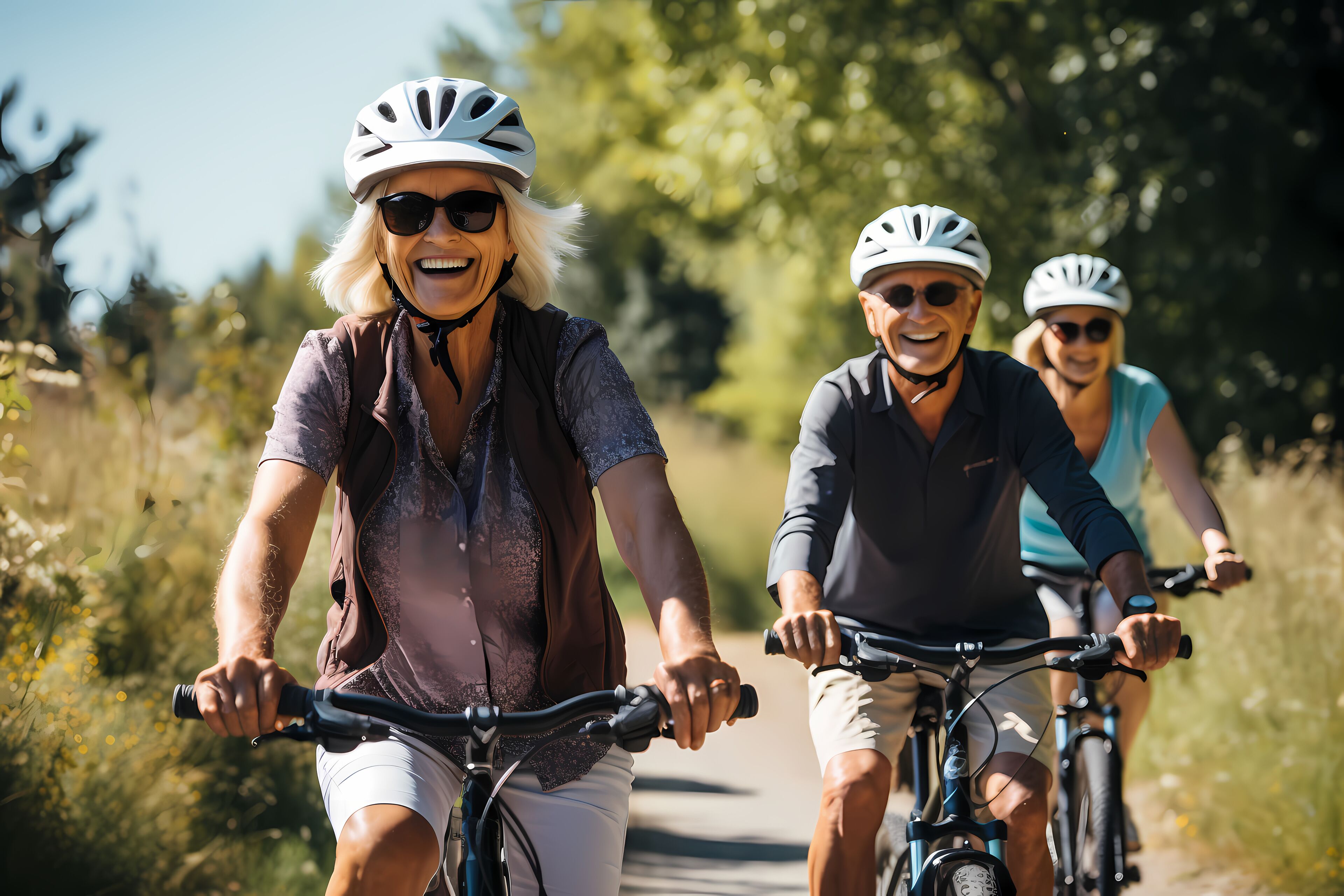 Trois personnes font du vélo sur un sentier bordé de verdure.