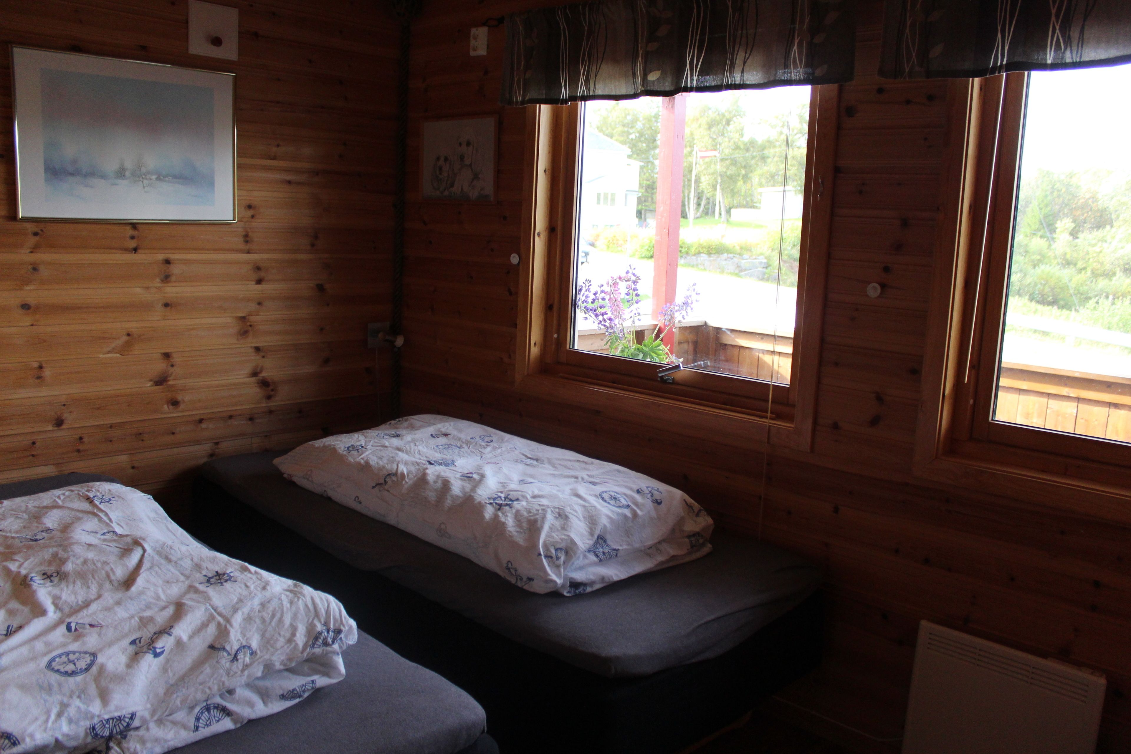 A cabin with two single beds, wooden walls, a window with a view of greenery, and a framed picture on the wall.