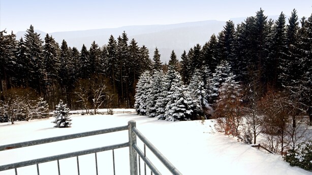 A snowy landscape with a metal railing in the foreground. - Appart-Hotel Harmonie (Winterberg)