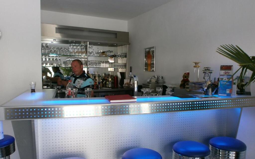A bar area with a counter, stools, shelves with glasses, and a plant.
