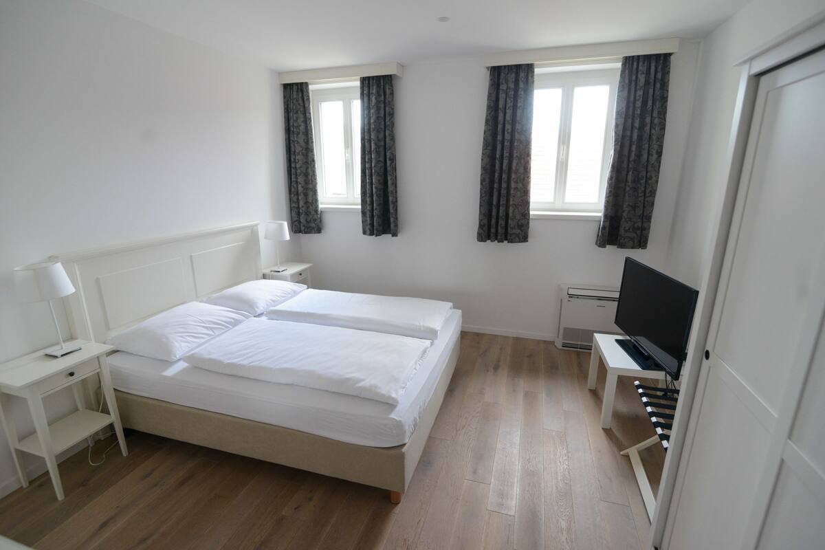 Une chambre à coucher avec un lit, un bureau avec une télévision et deux fenêtres avec des rideaux.