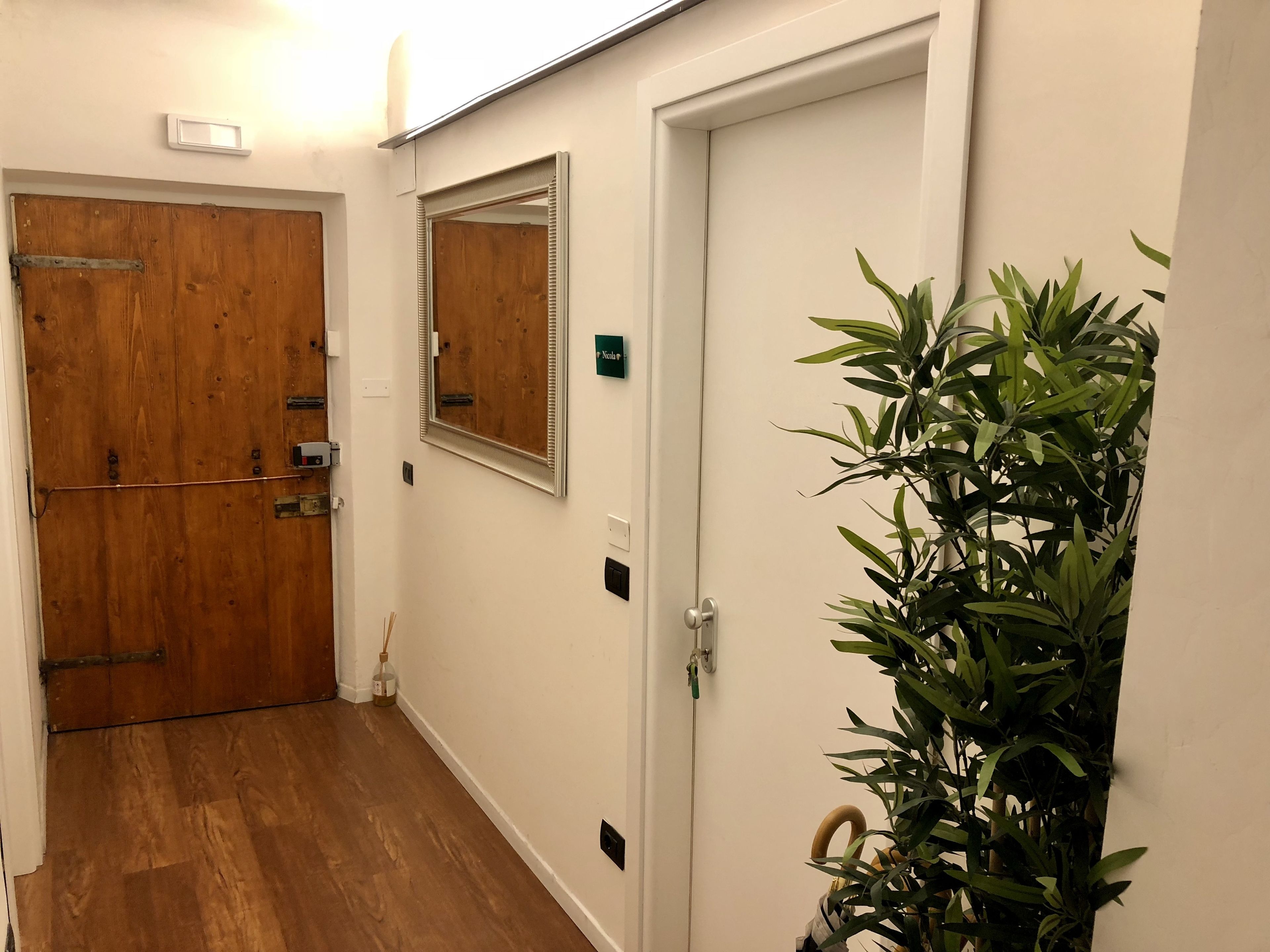 Un passadís amb terra de fusta, una porta blanca, un mirall, una planta i un senyal amb un número de habitació.