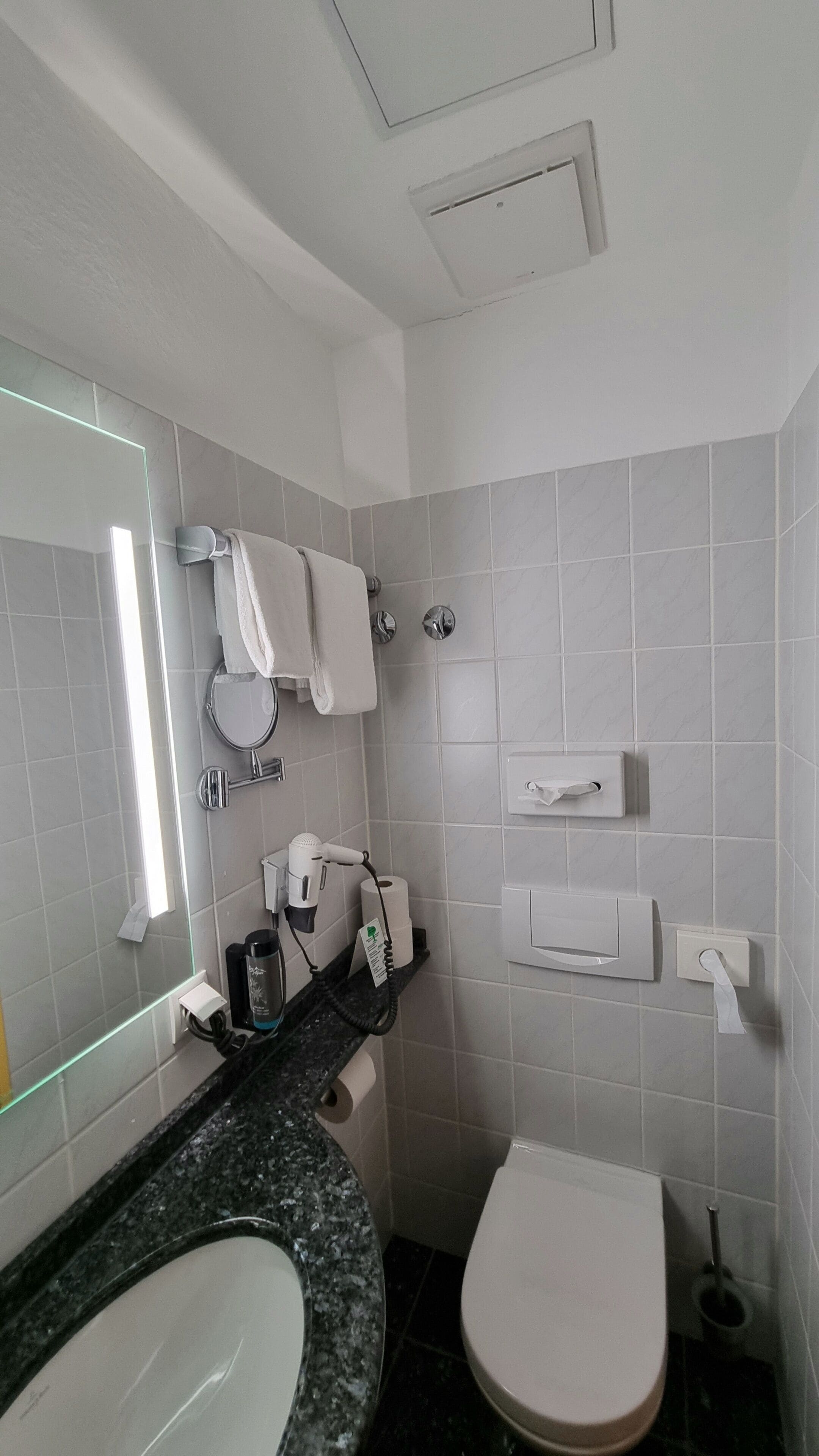 Un baño con lavabo, inodoro, espejo, toallero y zona de ducha.
