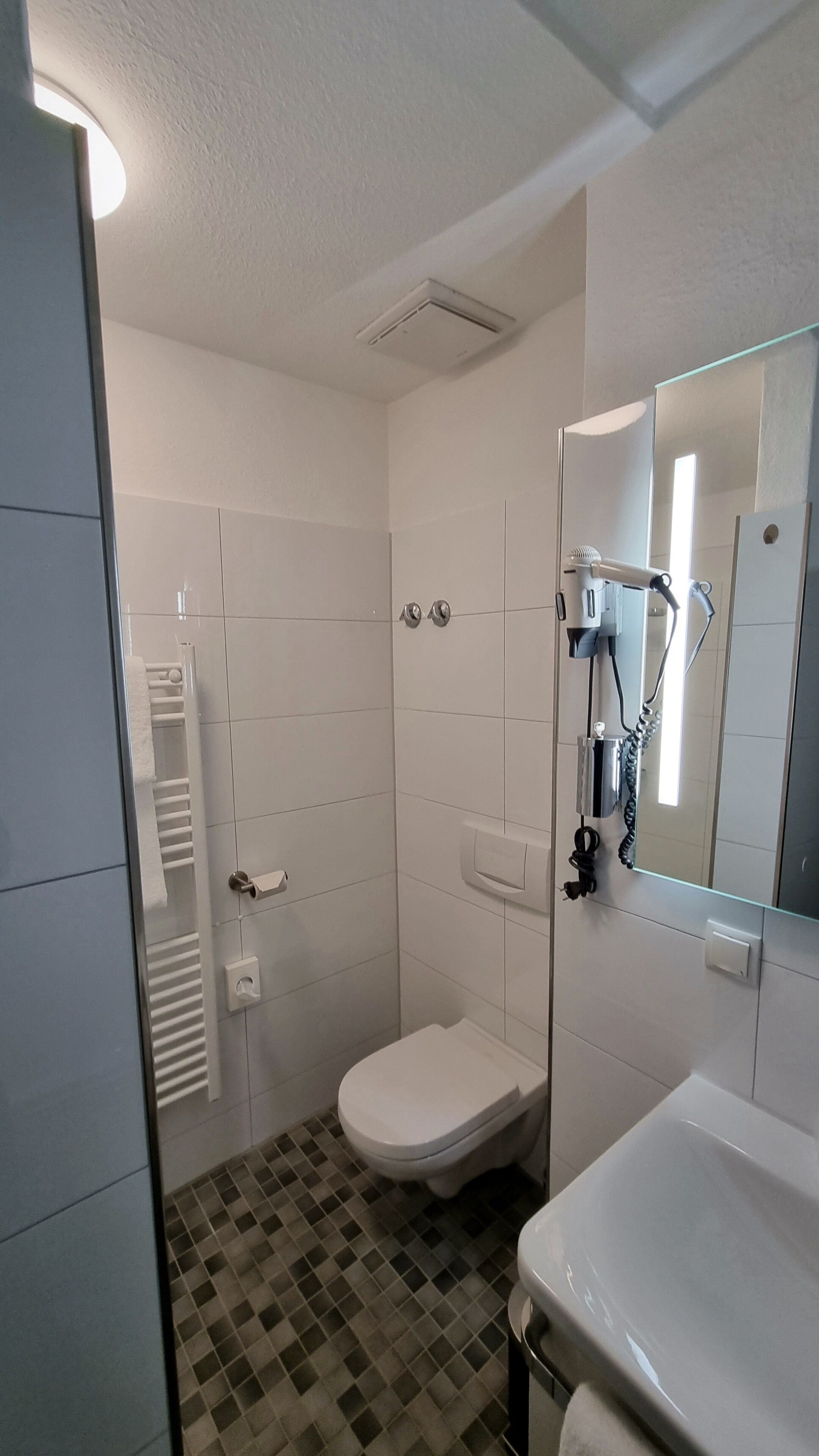 A bathroom with a toilet, a shower, and a sink.