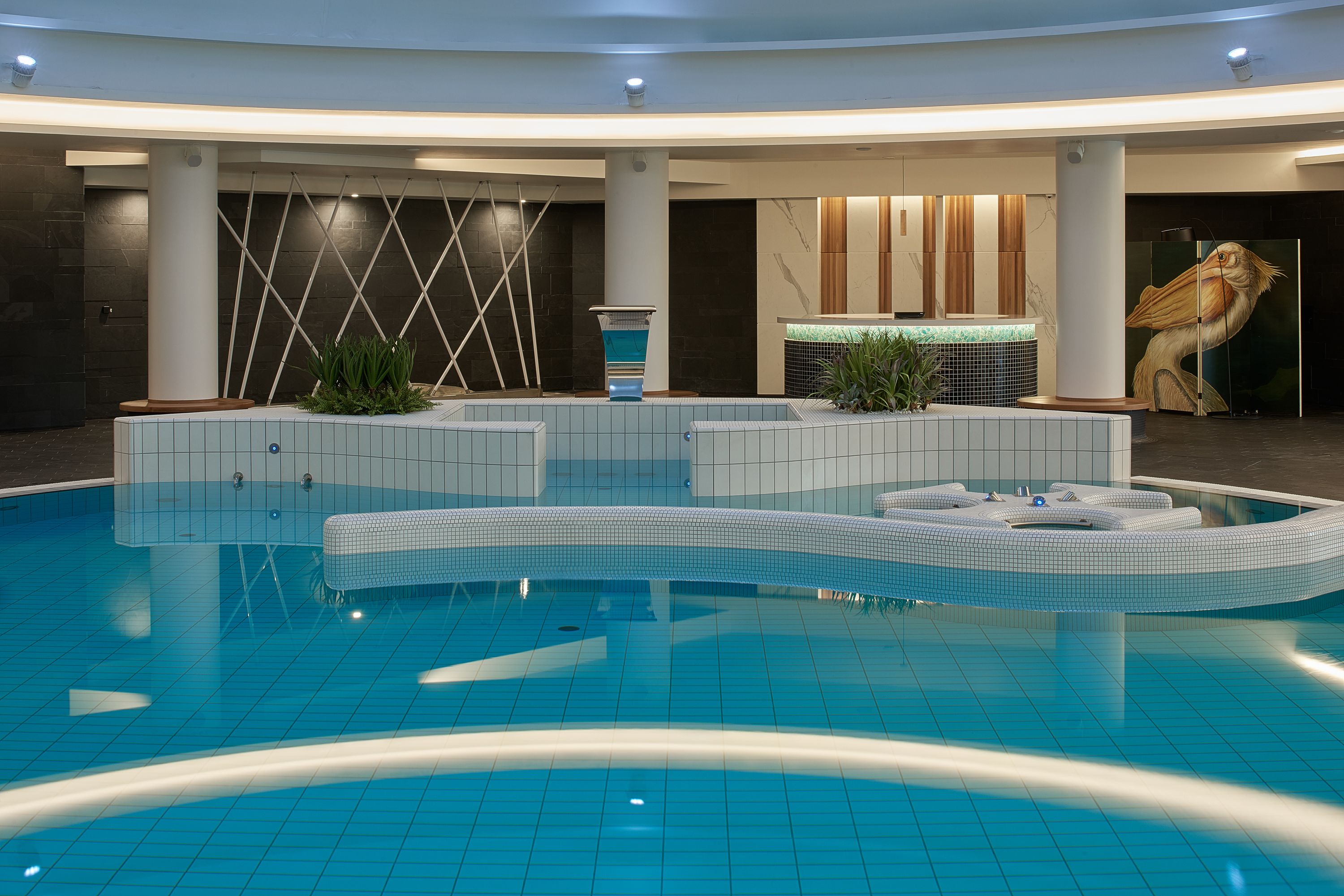 indoor pool, pool loungers