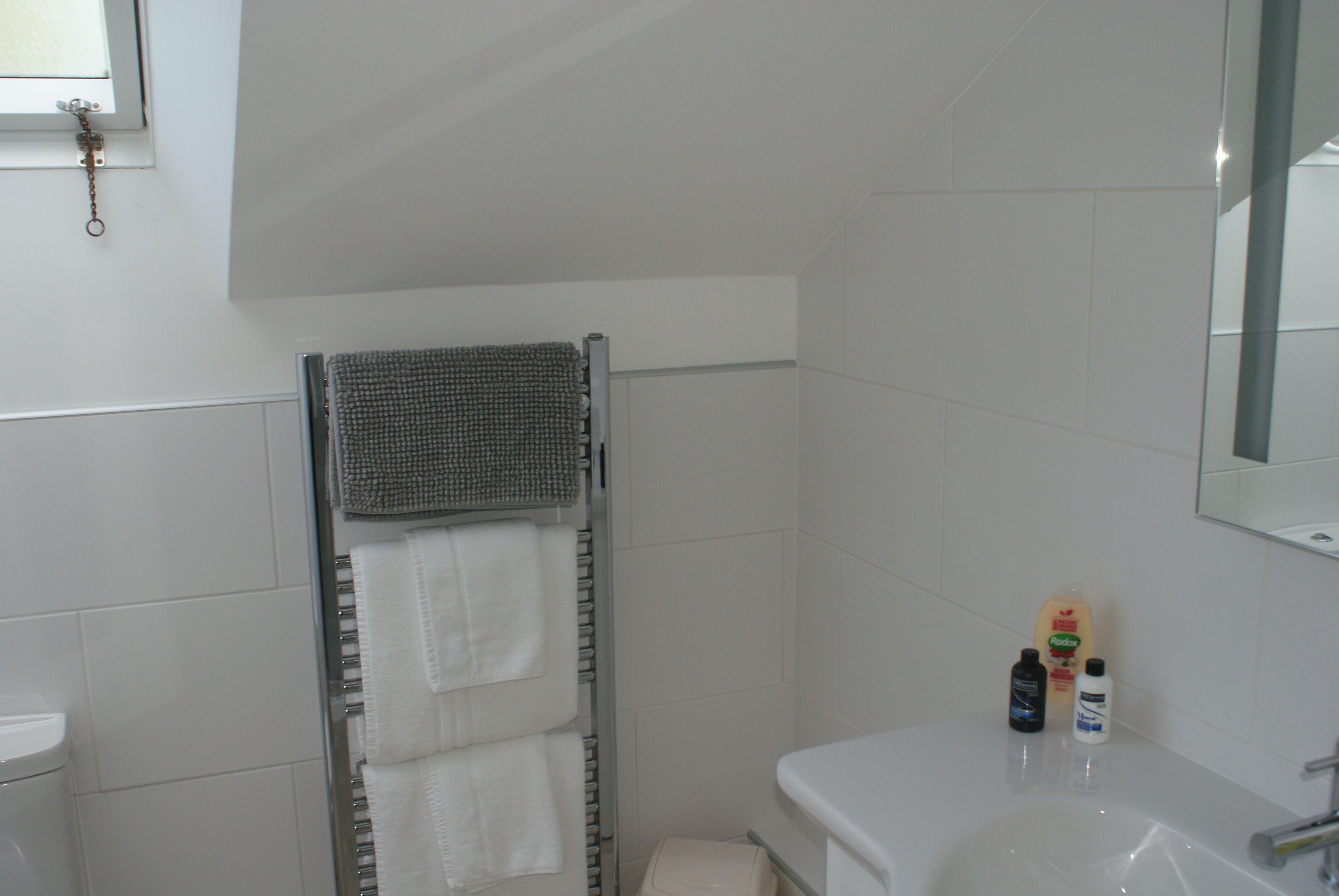 A bathroom with a shower, a toilet, and a sink.