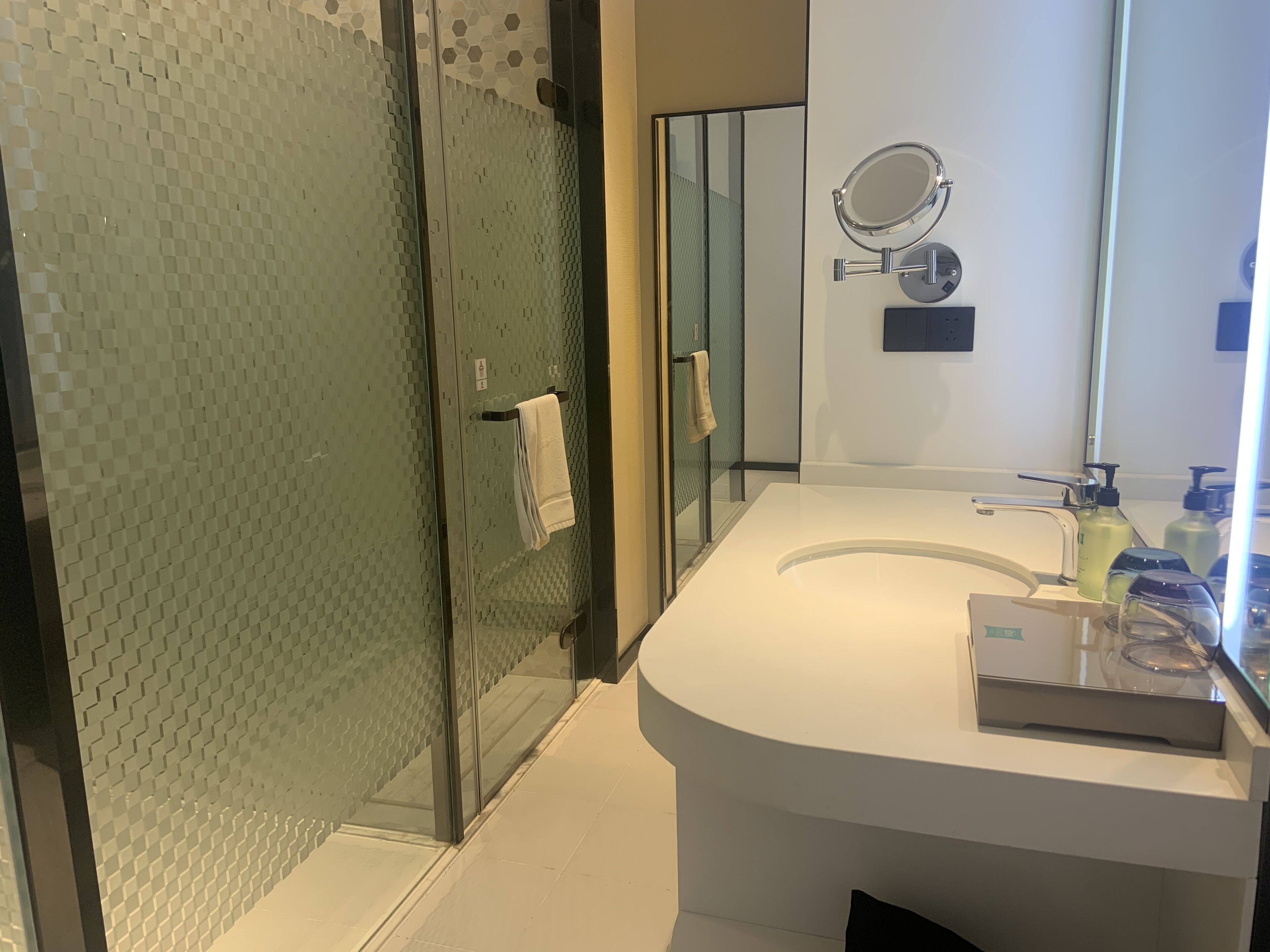 business double room | bathroom | shower, hair dryer, towels