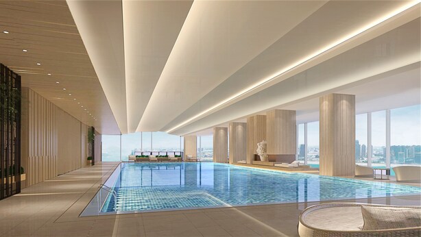 A modern indoor swimming pool with a city view, large windows, and minimalist design. - InterContinental Quanzhou by IHG (Quanzhou)