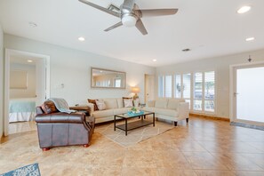 Smart TV, DVD player, foosball, books