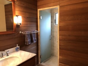 Combined shower/tub, jetted tub, hair dryer, towels