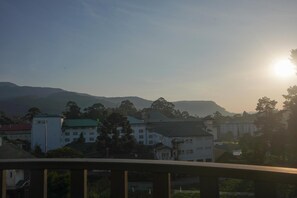 A residential area with houses and a mountain in the background.