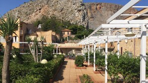 Ein Innenhof mit Weg, Topfpflanzen und einer Pergola.