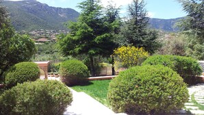 A landscaped garden with neatly trimmed bushes and a pathway leading to a building. - A spacious, modern villa with a private pool (Cagliari)