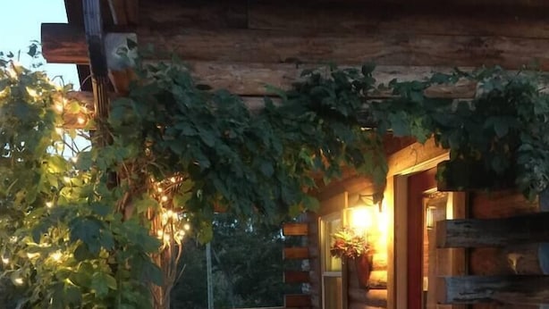 Una terraza de madera con una silla roja y una mesa, rodeada de follaje y calabazas.