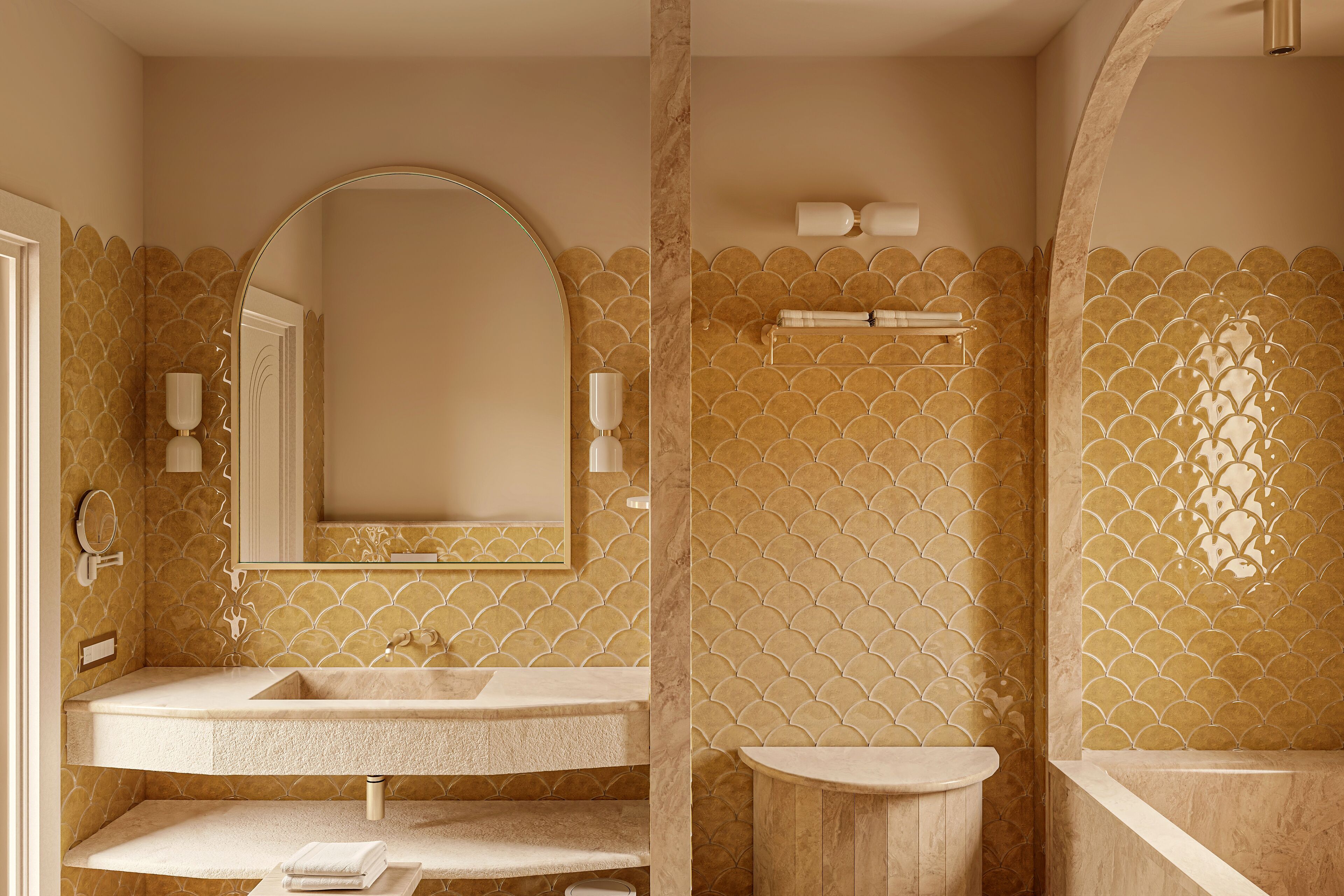 A bathroom with a large mirror, two sinks, a bathtub, and decorative tiled walls.