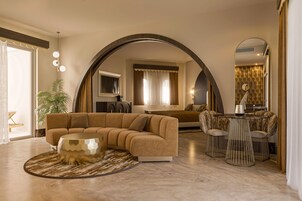Grand Suite, Hot Tub | Premium bedding, minibar, in-room safe, desk
