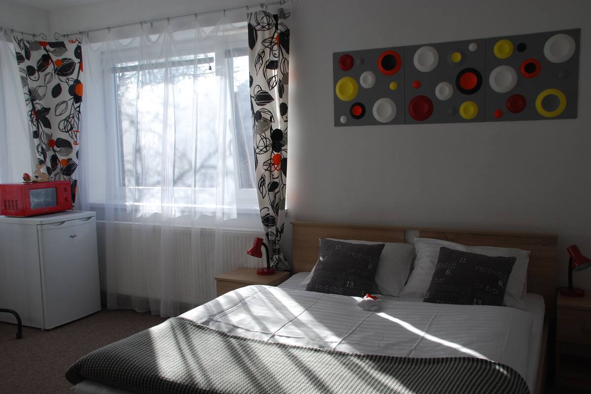 A bedroom with a bed, a nightstand, a red lamp, a white radiator, and a red microwave on a small table.
