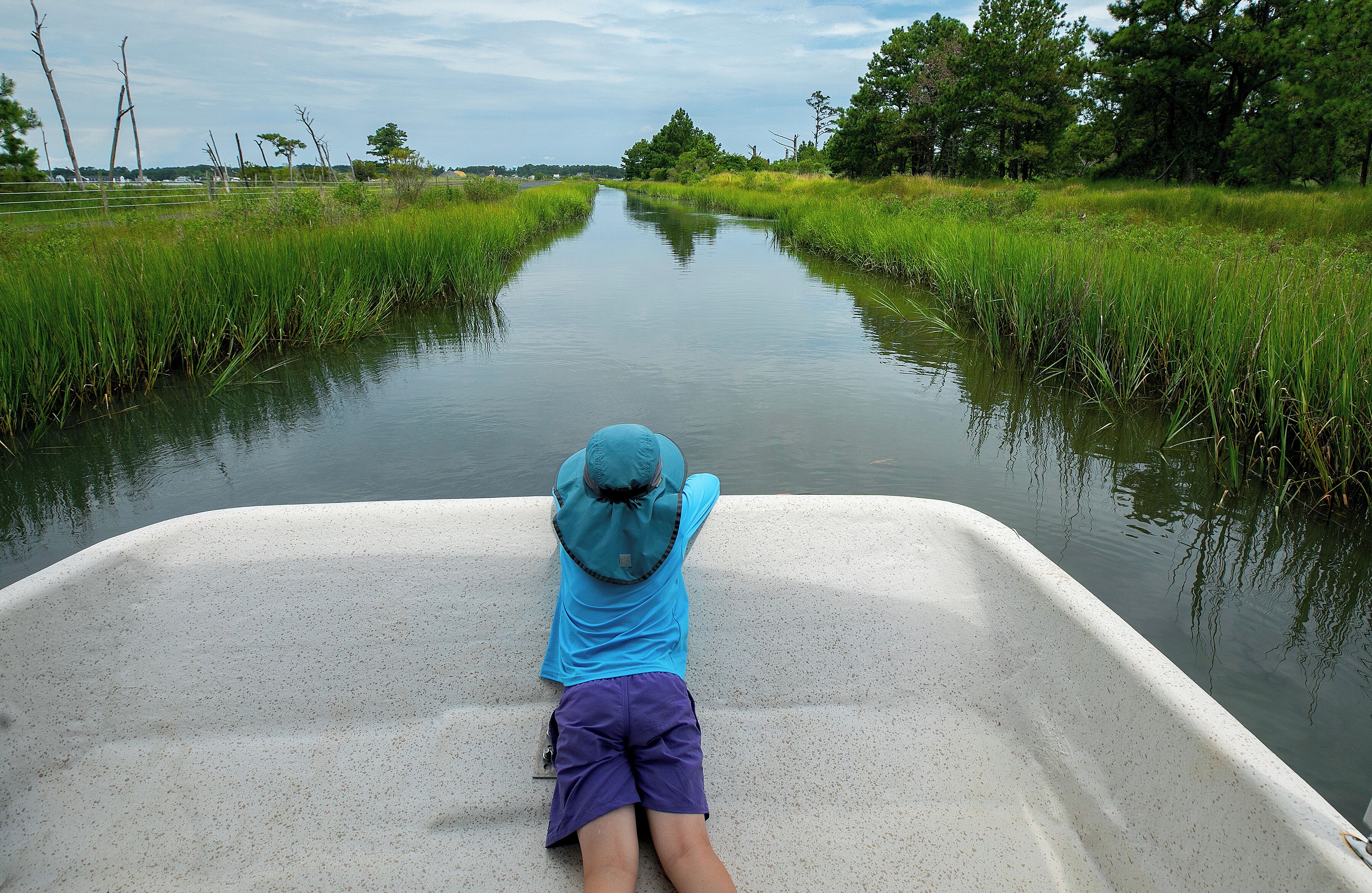 A person in a boat on a narrow waterway surrounded by tall grass.