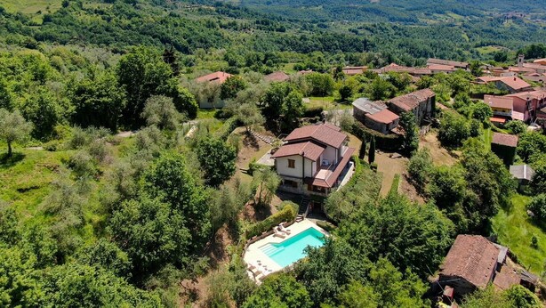 Un quartier résidentiel avec des maisons, une piscine et des montagnes en arrière-plan.