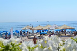 على الشاطئ، كراسي للتشمس، مظلات الشاطئ، مناشف للشاطئ