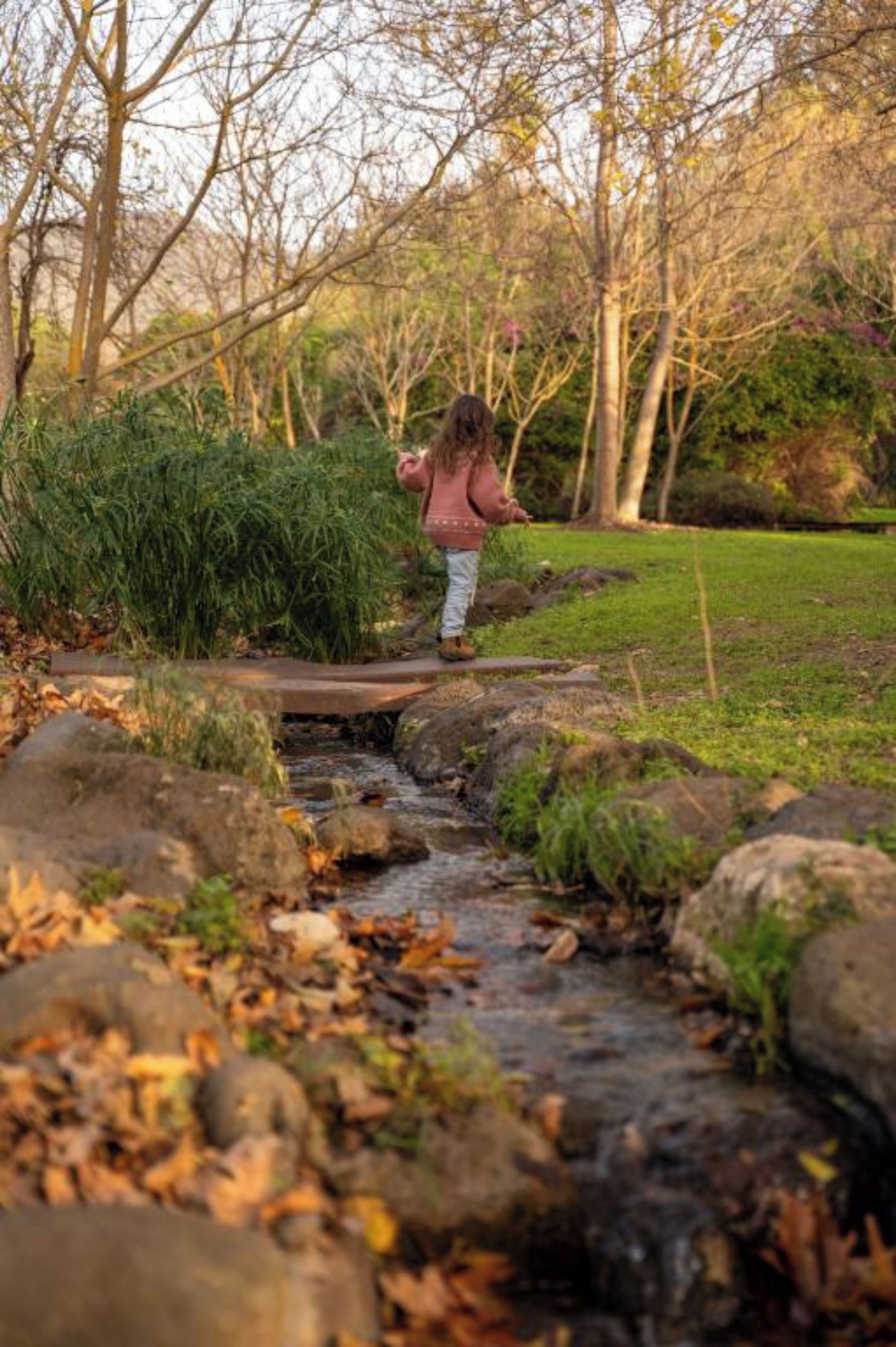 Una persona caminando sobre un puente de piedra cruzando un arroyo en un parque con árboles y césped.