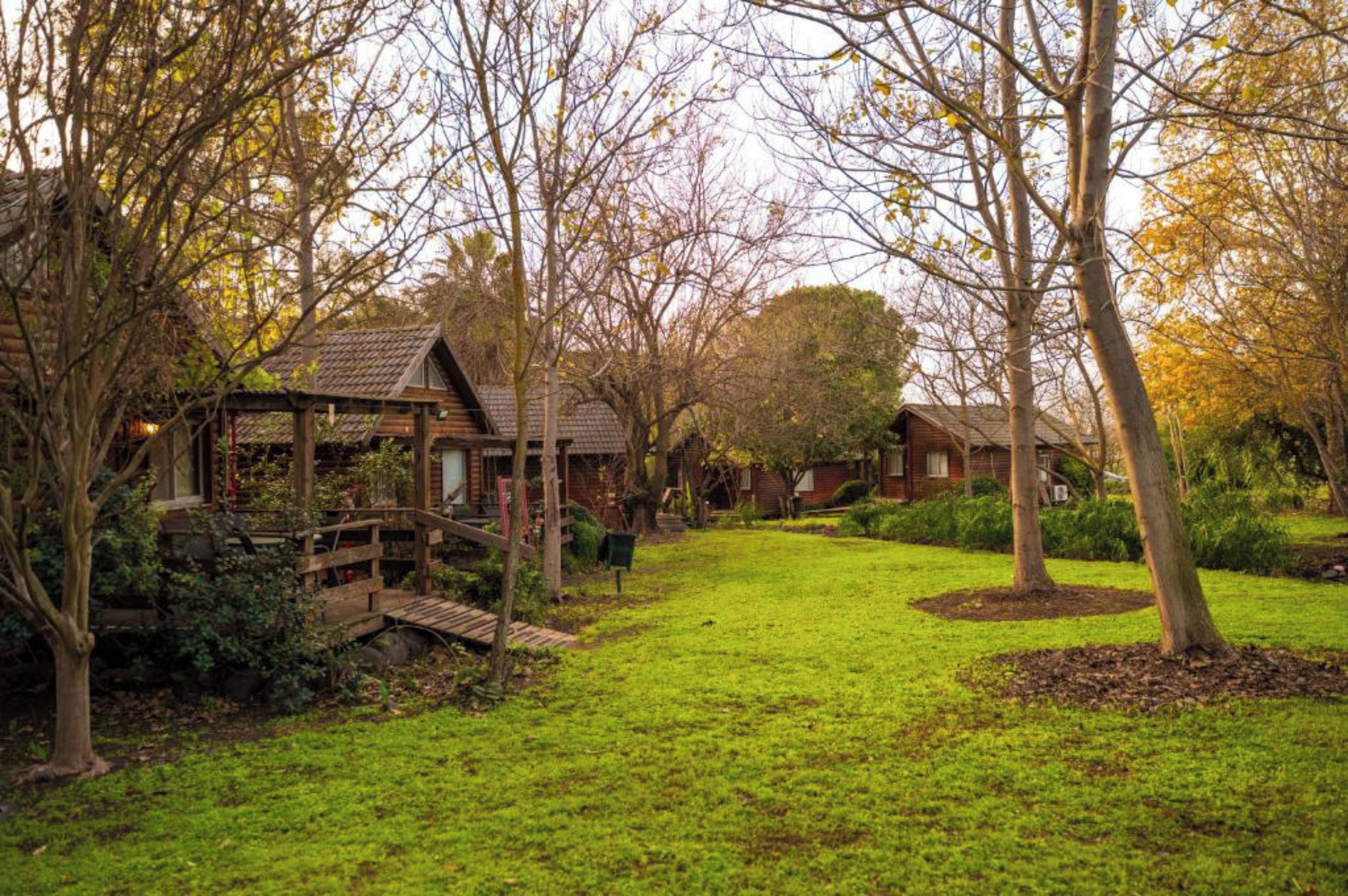 Ein rustikales Holzhaus mit überdachter Veranda und einer kleinen Brücke, die darauf führt.