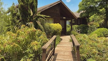 Une cabane en bois dotée d’un porche et d’un chemin en bois menant à l’entrée, le tout entouré d’une végétation luxuriante.