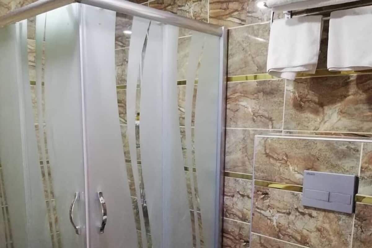 Shower, free toiletries, slippers, towels